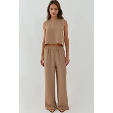 Hiccup Kadın Keten Görünümlü Bluz & Beli Lastikli Pantolon İkili Takım Bej Doğal