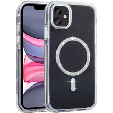 iPhone 11 Kılıf Taşlı Tasarım M-Safe Şarj Özellikli Zore Koment Silikon Kapak - Gümüş