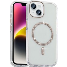 iPhone 13 Kılıf Taşlı Tasarım M-Safe Şarj Özellikli Zore Koment Silikon Kapak - Gold