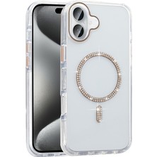 iPhone 16 Plus Kılıf Taşlı Tasarım M-Safe Şarj Özellikli Zore Koment Silikon Kapak - Gold