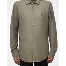 Cococan8 Erkek Haki  Kadife Örme Gömlek Nakışlı Uzun Kol Yumuşak Dokulu