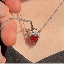 Perry Accesories Pamuk Prenses ve Avcı Kolyesi Çelik Kırmızı Kalp Kılıç Çift Kolye Sevgili Kolyesi
