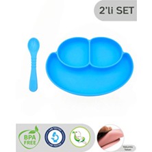 CKM Silikon 2li Mavi Silikon Beslenme Set- Vakumlu Bölmeli Tabak Diş Kaşıyıcı Özellikli Kaşık