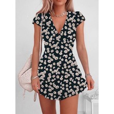 Bemy Çarşı Kadın Kısa Kollu Kruvaze Yaka Papatya Baskılı Krep Elbise