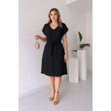 Arben Boutique Kadın Kısa Kollu V Yakalı Beli Kuşaklı Ithal Keten Elbise