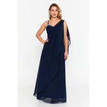 Şeref Vural Kadın Büyük Beden Kolsuz Taş Detaylı Uzun Abiye Elbise 6671 Lacivert