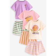 Pamuklu Pembe Mor Ayçiçeği Desenli Kısa Kollu 3'lü Alt Üst Takım