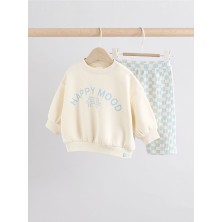 Pamuklu Beyaz Mavi Baskılı Uzun Kollu Alt Üst Takım