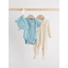 % 100 Pamuklu Mavi Tulum Body Zıbın Önlük Şapka 4'lü Set