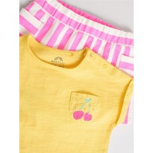 Pamuklu Sarı Pembe Çiçek Desenli Kısa Kollu Alt Üst Takım