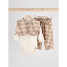 Pamuklu Yeşil Gingham Uzun Kollu Yelekli Alt Üst 3'lü Takım