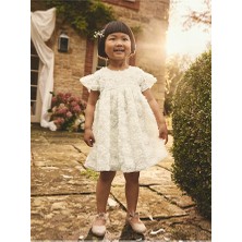 Fildişi Kısa Kollu Üç Boyutlu Desenli Elbise