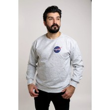 Gri Bisiklet Yaka Ön Baskılı Oversize Erkek Sweatshirt
