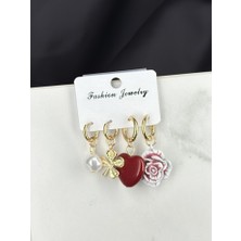 4'lü Çiçekli Incili Marka Model Tasarım Küpe Seti