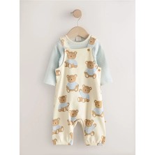 %100 Pamuklu Mavi Ayıcık Desenli Uzun Kollu Salopet Body Zıbın Set