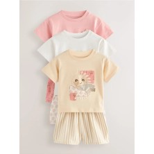 Pamuklu Pembe Kısa Kollu Güneş Çiçek Desenli 3'lü Alt Üst Takım