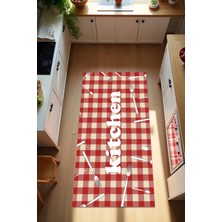 Dijital Baskı Kırmızı Krem Karo Desenli Kaymaz Taban Leke Tutmaz Yıkanabilir Mutfak Halısı ve Yolluk