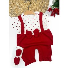 3-6-9-12 Ay Bandanalı Piti Kalp Baskılı Salopet Görünümlü 2li Kız Bebek Takımı