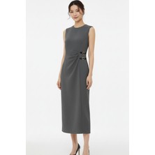 Antrasit Gri Kalp Tokalı Midi Elbise 8144A