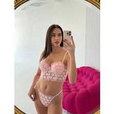 Arona Papatya Desenli Destekli Büstüyer Takım-Pembe Papatya