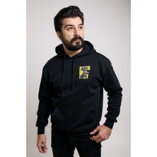 Siyah Kapşonlu Baskılı Erkek Sweatshirt Oversize