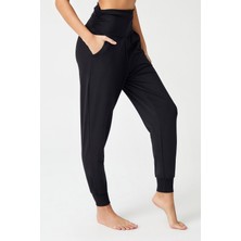 Siyah Beli Lastikli Şalvar Görünümlü Harem Pantolon Yoga Joggers