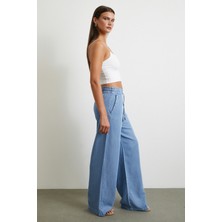 Beli Lastikli Bağcıklı Geniş Paça Pantolon Mavi