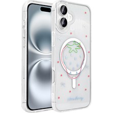 iPhone 16 Kılıf M-Safe Şarj Özellikli Şeffaf Zore Folk Sert Kapak - Çilek