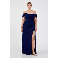 Şeref Vural Kadın Büyük Beden Düşük Omuz Derin Yırtmaçlı Balık Form Abiye Elbise 8212 Lacivert