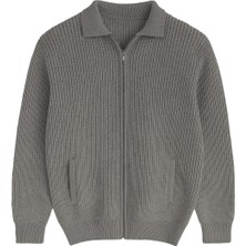 Coppola Selanik Örgü Polo Yaka Cepli Fermuarlı Rahat Kalıp Erkek Triko Hırka - Füme