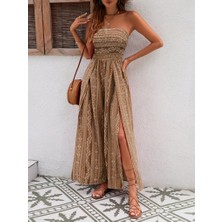 Moderie Butik Kadın Yakası Gipe Detaylı Önden Yırtmaç Detaylı Desenli Süprem Pantolun Etek Tulum