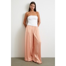 Beli Lastikli Geniş Paça Büzgülü Pantolon Pudra