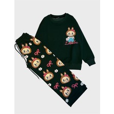 Kız Çocuk Pamuklu Yeşil Labubu Desenli Uzun Kollu Bol Paça Eşofman Takımı