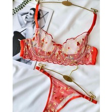 Kadın Turuncu Nakış Işlemeli Transparan İç Çamaşır Takımı