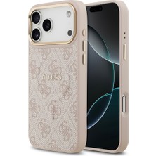 iPhone 17 Pro Max Kılıf Guess Lisanslı M-Safe Şarjlı Gold Kamera Çerçeveli Pu Deri Yazı Logolu Pembe