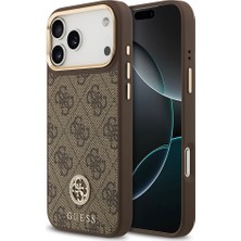 iPhone 17 Pro Max Kılıf Guess Lisanslı M-Safe Şarjlı Gold Kamera Çerçeveli Taşlı 4g Logo Kahverengi