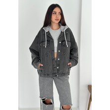 Noa Noa Kadın Oversize Kapüşonlu Cepli Gömlek Ceket  Cotton Rahat Kesim Antrasit Renkli Günlük Stil