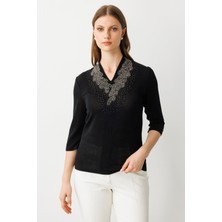 Ekol Kadın Büyük Beden V Yaka Taş Işlemeli Bluz 3914 Siyah
