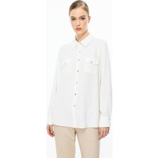 Ekol Kadın Çift Kapak Cepli Düğmeli Bluz 3026 Ekru