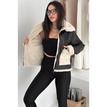 Kadın Peluş Astarlı Deri Ceket – Cepleri Peluş Detaylı & Kontrast Yakalı