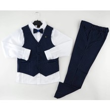 3 Düğme Yelekli Çizgili Takım