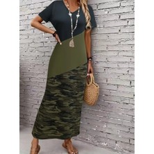 Kadın Kısa Kollu Bisiklet Yaka Çok Renkli Maksi Viskon Elbise