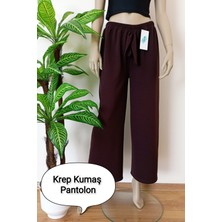 Kadın Kahverengi Dökümlü Krep Kumaş Beli Lastikli Bol Paça Pantolon