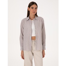 Pierre Cardin Kadın Kahverengi Çizgili Comfort Fit Uzun Kollu Gömlek 50318226-VR029