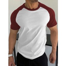 Beyaz Bisiklet Yaka Omuzları Bordo Garni T-Shirt
