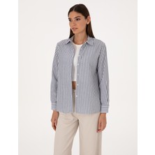Pierre Cardin Kadın Lacivert Çizgili Comfort Fit Uzun Kollu Gömlek 50318226-VR033