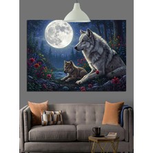 Ay Işığında Kurt ve Yavrusu Dekoratif Kanvas - Mdf Ahşap Tablo