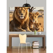 Afrika Savanında Aslan Ailesi Dekoratif Kanvas - Mdf Ahşap Tablo