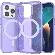 Apple iPhone 14 Pro Max Kılıf Magsafe Şarj Özellikli Parlayan Simli Saydam Renkli Omsy Allstar Kapak-Mor