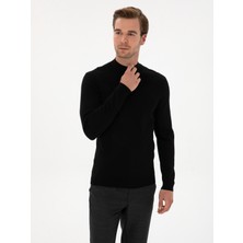 Cacharel Erkek Siyah Slim Yün Karışımlı Fit Yarım Balıkçı Basic Triko Kazak 50315296-VR046